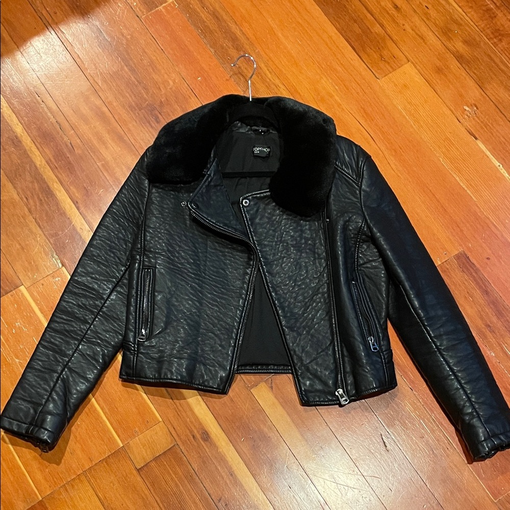 Topshop Black Leather Jacket with Plush Collar